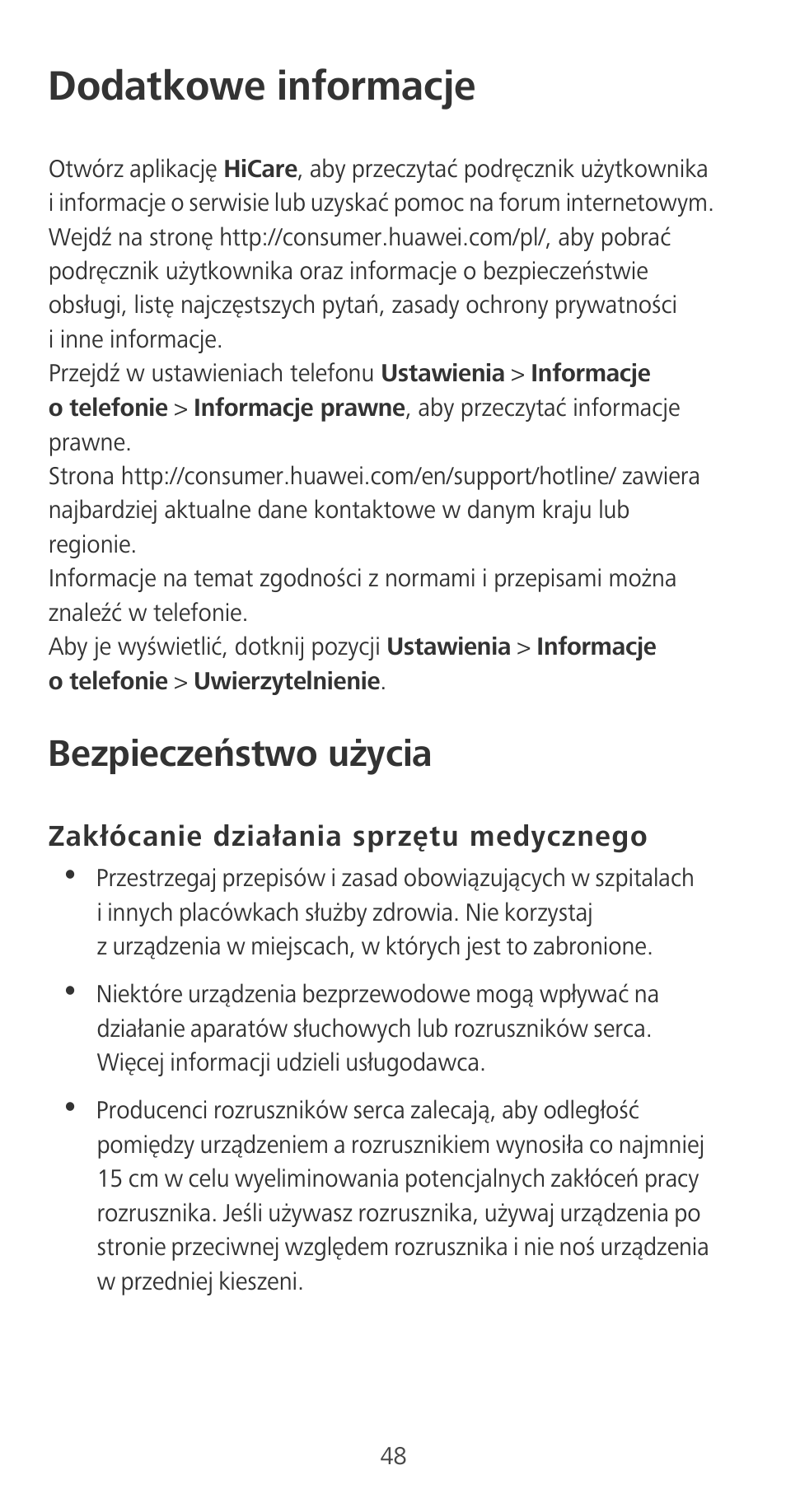 Dodatkowe informacje, Bezpieczeństwo użycia, Zakłócanie działania sprzętu medycznego | Huawei P9 User Manual | Page 52 / 198