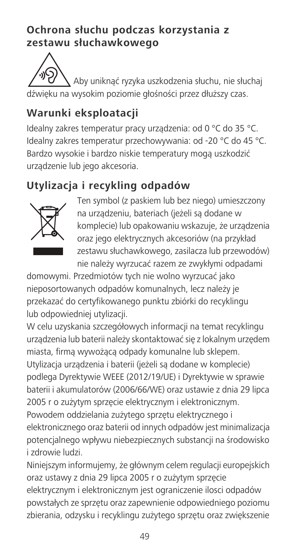 Warunki eksploatacji, Utylizacja i recykling odpadów | Huawei P9 User Manual | Page 53 / 198