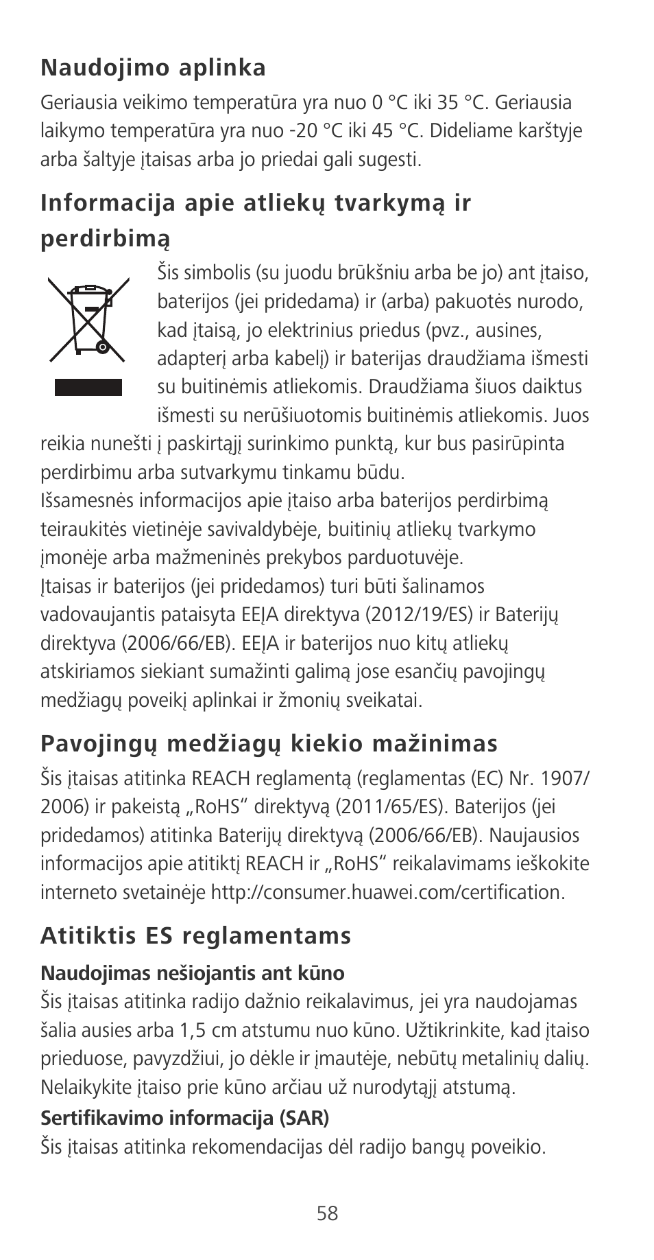 Naudojimo aplinka, Informacija apie atliekų tvarkymą ir perdirbimą, Pavojingų medžiagų kiekio mažinimas | Atitiktis es reglamentams | Huawei P9 User Manual | Page 62 / 198