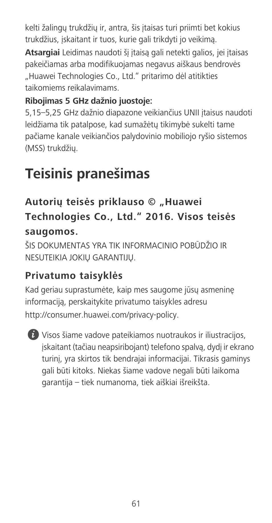 Teisinis pranešimas, Privatumo taisyklės | Huawei P9 User Manual | Page 65 / 198