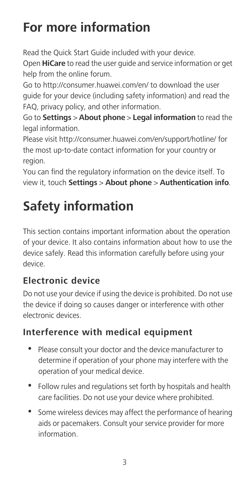 For more information, Safety information, Electronic device | Interference with medical equipment | Huawei P9 User Manual | Page 7 / 198