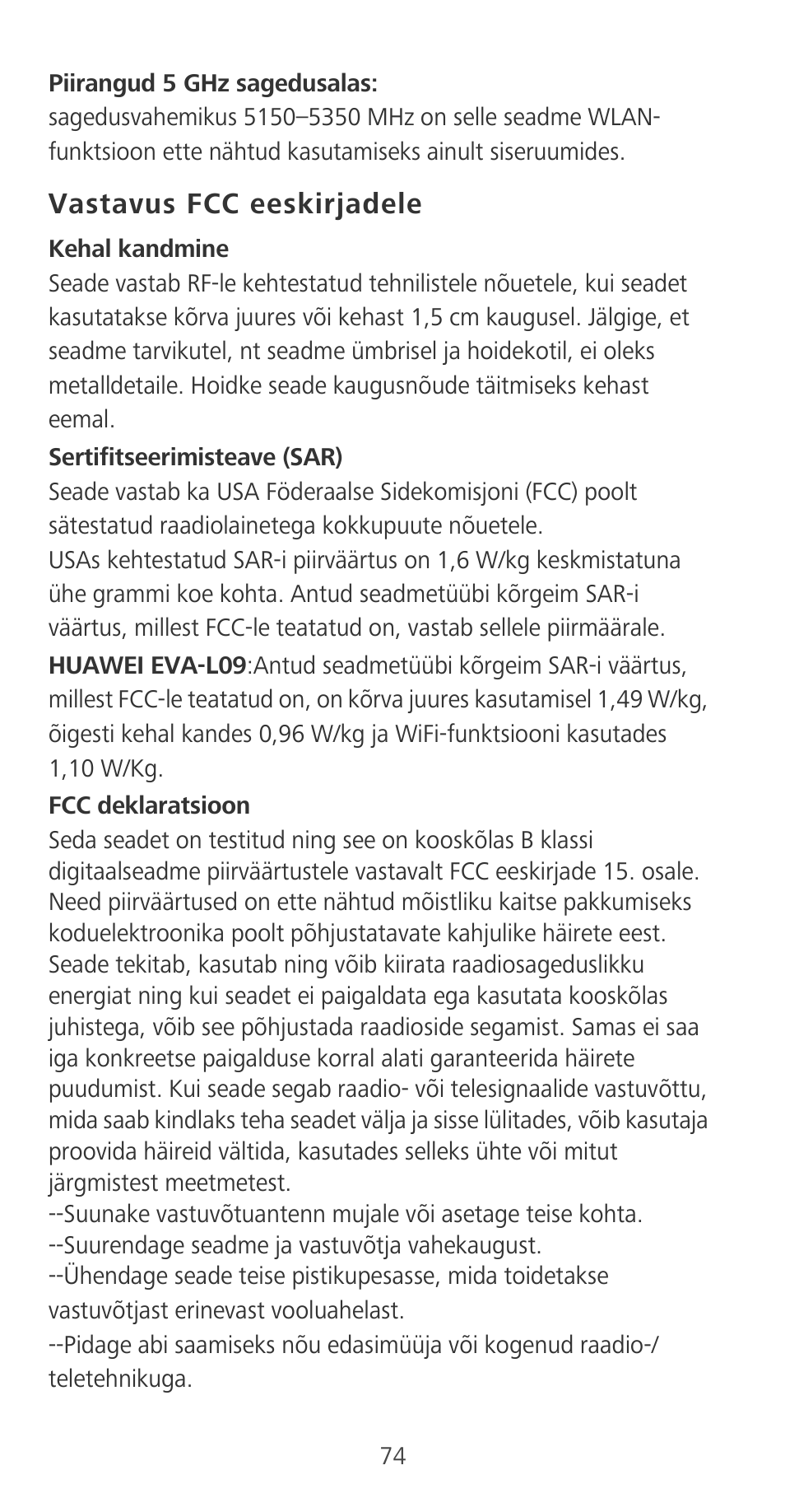 Vastavus fcc eeskirjadele | Huawei P9 User Manual | Page 78 / 198