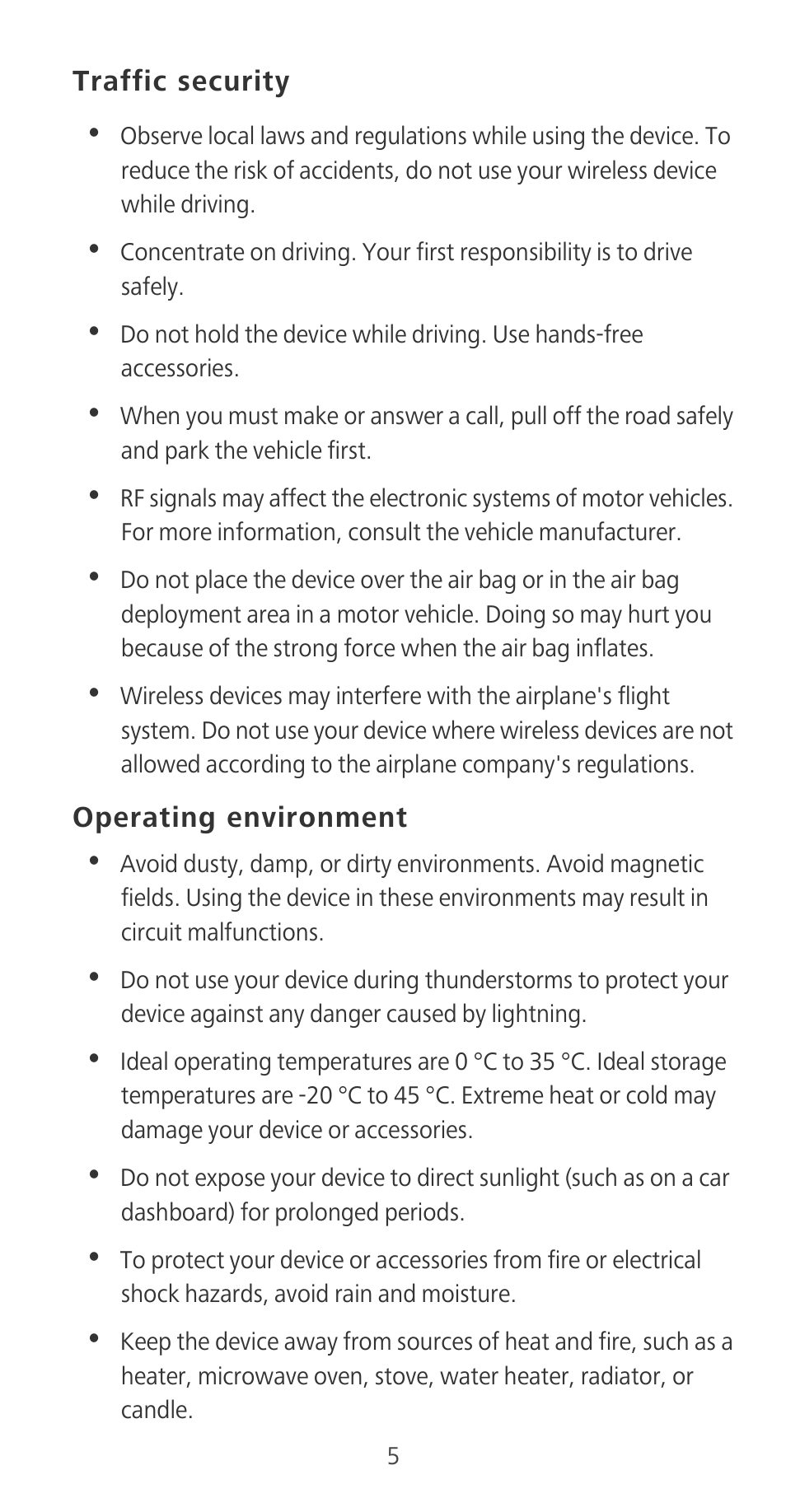 Traffic security, Operating environment | Huawei P9 User Manual | Page 9 / 198