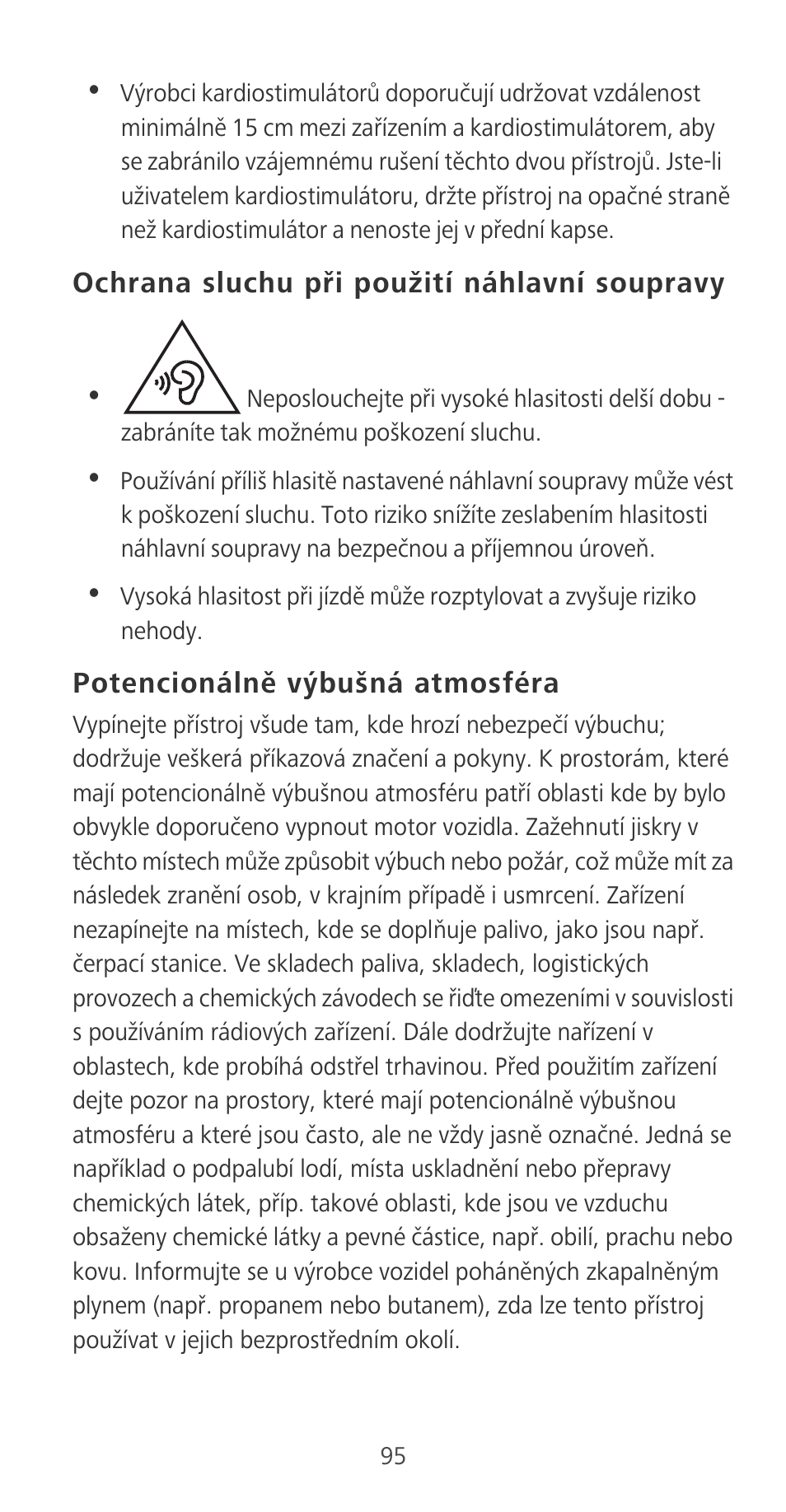 Ochrana sluchu při použití náhlavní soupravy, Potencionálně výbušná atmosféra | Huawei P9 User Manual | Page 99 / 198