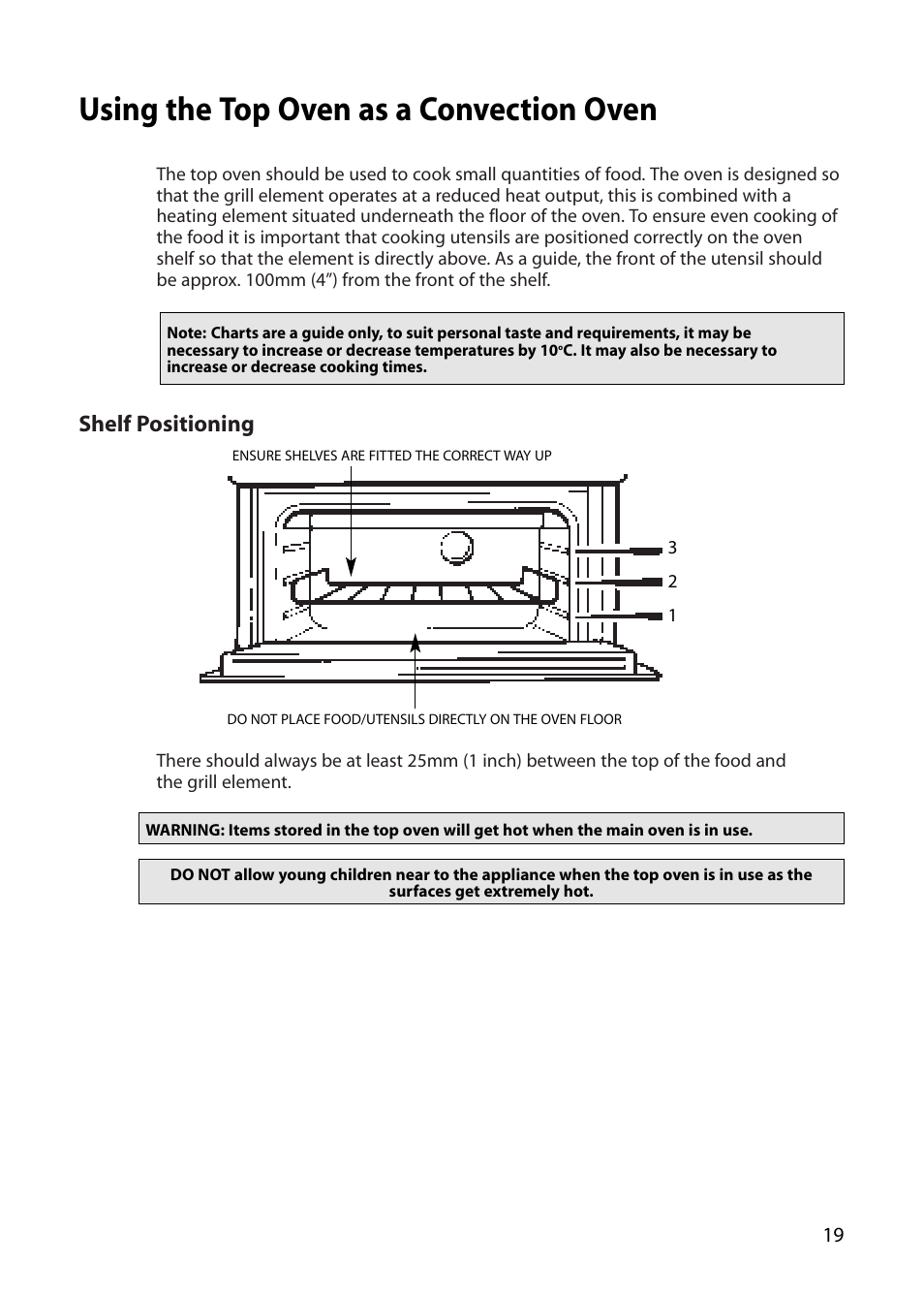 Using the top oven as a convection oven, Shelf positioning | Creda S420E User Manual | Page 19 / 40