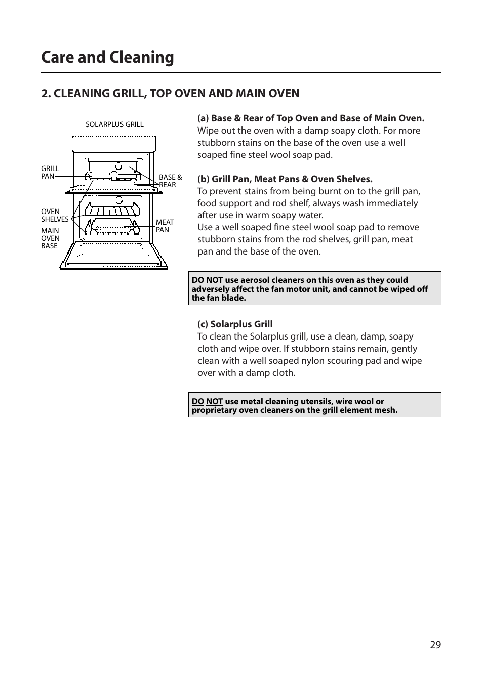 Care and cleaning, Cleaning grill, top oven and main oven | Creda S420E User Manual | Page 29 / 40