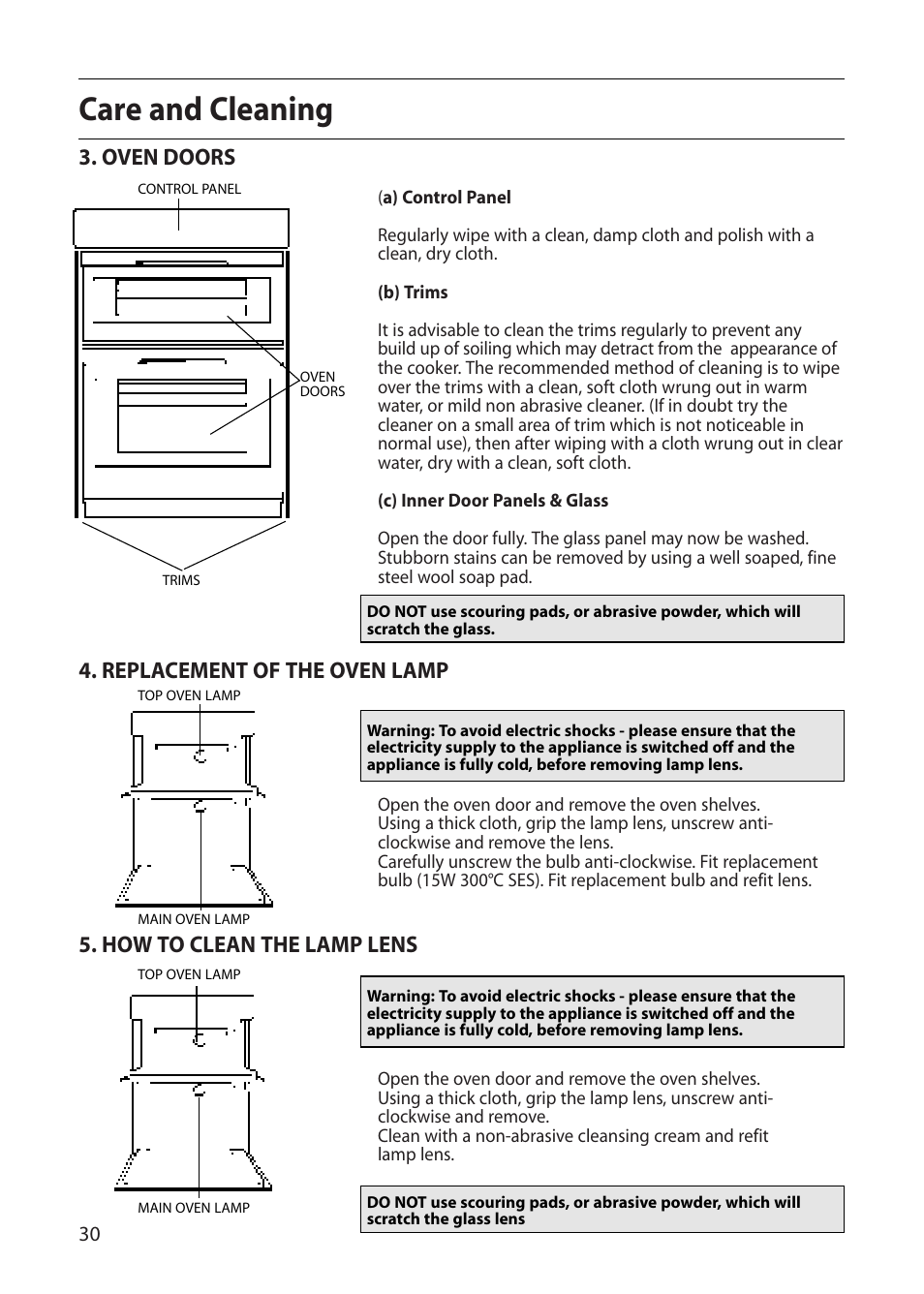 Care and cleaning, Oven doors, Replacement of the oven lamp | How to clean the lamp lens | Creda S420E User Manual | Page 30 / 40