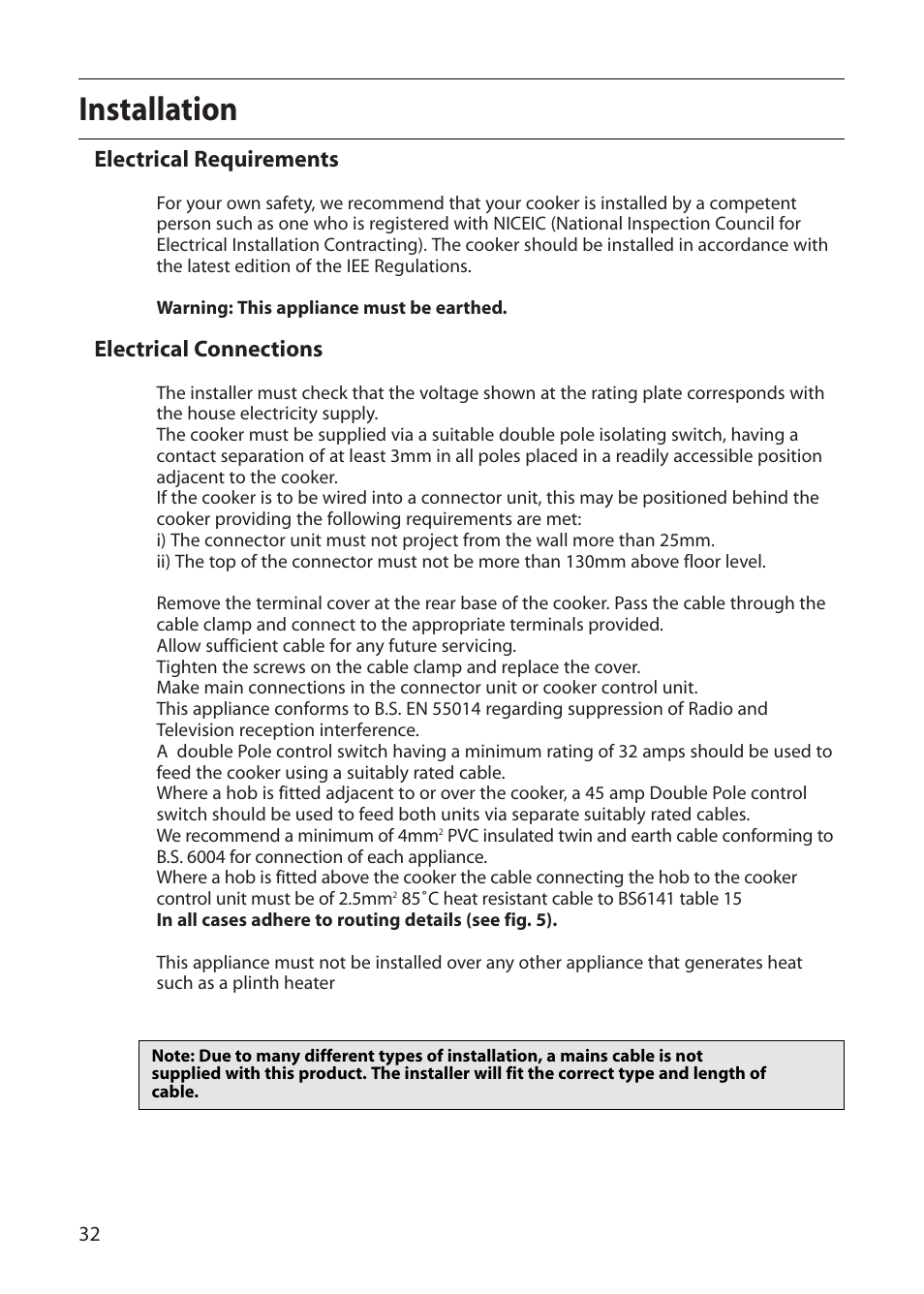 Installation, Electrical requirements, Electrical connections | Creda S420E User Manual | Page 32 / 40