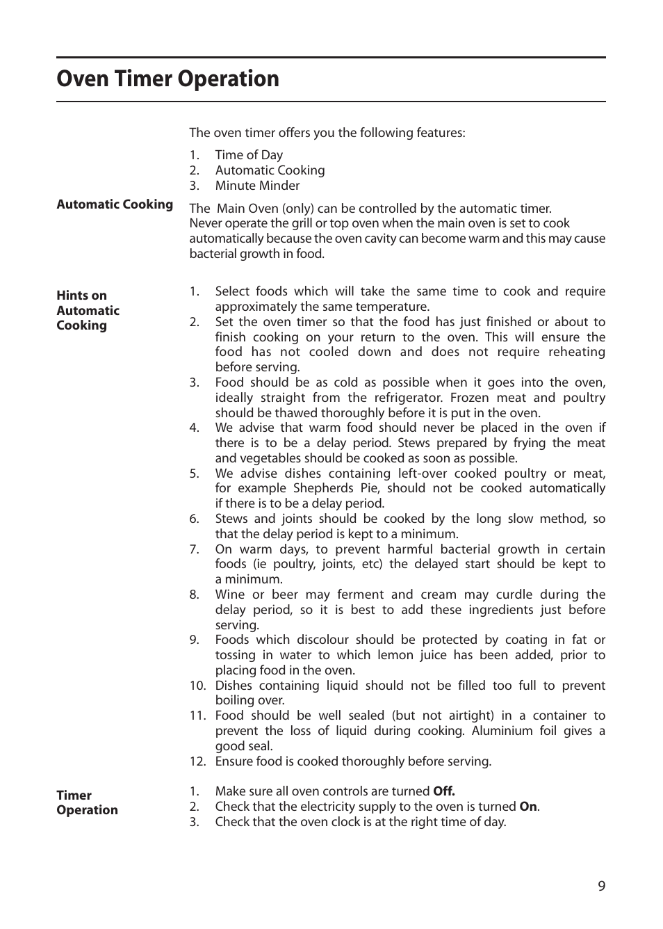 Oven timer operation | Creda S420E User Manual | Page 9 / 40