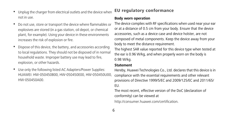 Eu regulatory conformance | Huawei Mate 9 Pro User Manual | Page 10 / 202