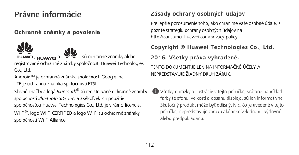 Právne informácie, Ochranné známky a povolenia, Zásady ochrany osobných údajov | Huawei Mate 9 Pro User Manual | Page 116 / 202
