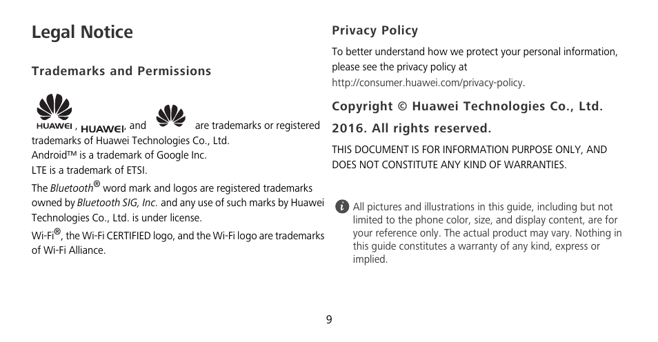 Legal notice, Trademarks and permissions, Privacy policy | Huawei Mate 9 Pro User Manual | Page 13 / 202