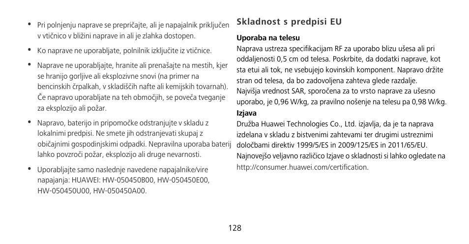 Skladnost s predpisi eu | Huawei Mate 9 Pro User Manual | Page 132 / 202