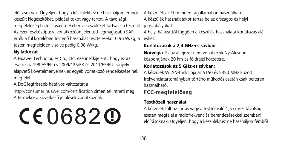 Fcc-megfelelőség | Huawei Mate 9 Pro User Manual | Page 142 / 202