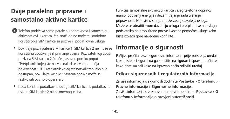 Informacije o sigurnosti, Prikaz sigurnosnih i regulatornih informacija | Huawei Mate 9 Pro User Manual | Page 149 / 202