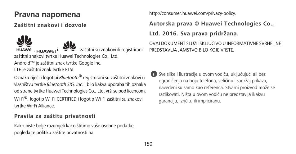 Pravna napomena, Zaštitni znakovi i dozvole, Pravila za zaštitu privatnosti | Huawei Mate 9 Pro User Manual | Page 154 / 202