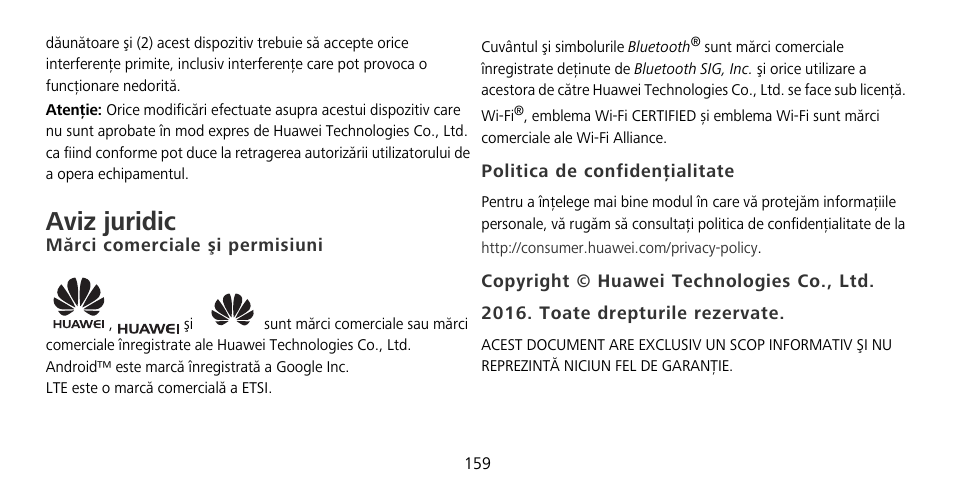 Aviz juridic, Mărci comerciale şi permisiuni, Politica de confidenţialitate | Huawei Mate 9 Pro User Manual | Page 163 / 202
