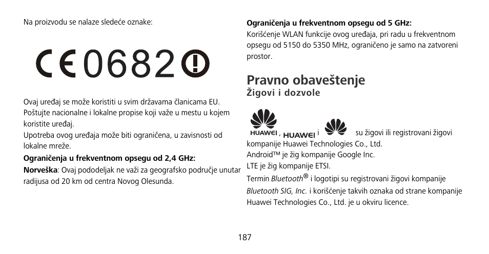 Pravno obaveštenje, Žigovi i dozvole | Huawei Mate 9 Pro User Manual | Page 191 / 202