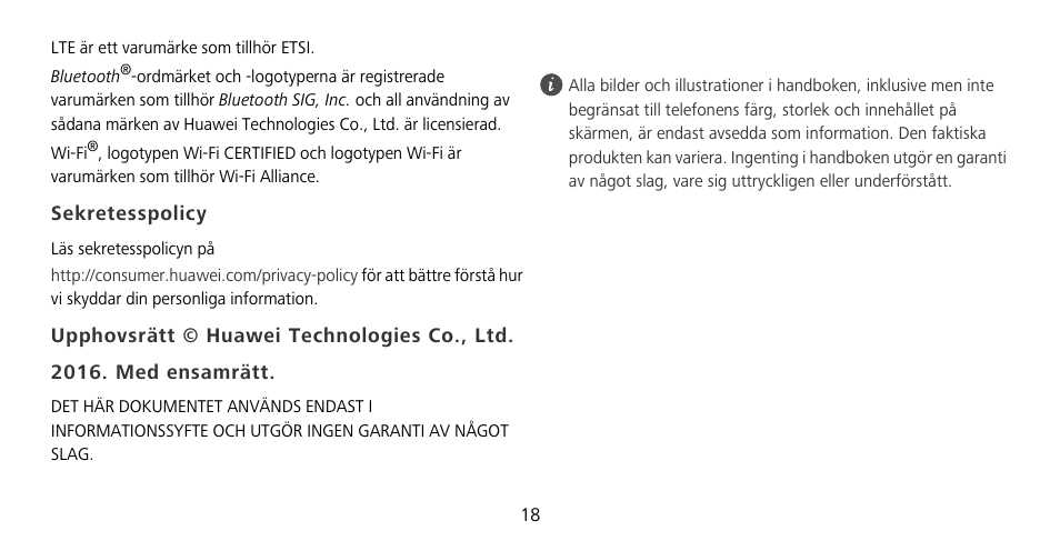 Sekretesspolicy | Huawei Mate 9 Pro User Manual | Page 22 / 202