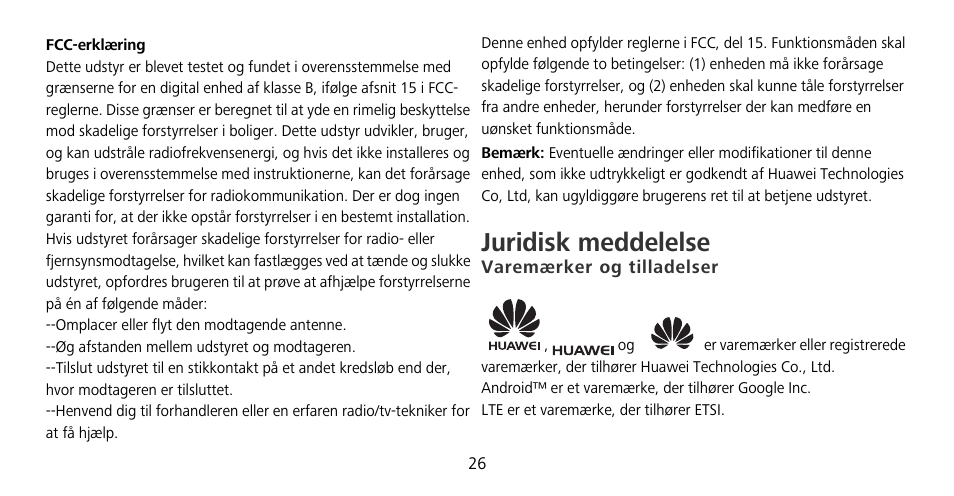 Juridisk meddelelse, Varemærker og tilladelser | Huawei Mate 9 Pro User Manual | Page 30 / 202