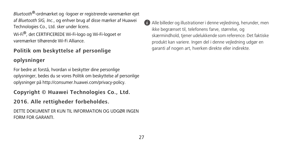 Politik om beskyttelse af personlige oplysninger | Huawei Mate 9 Pro User Manual | Page 31 / 202