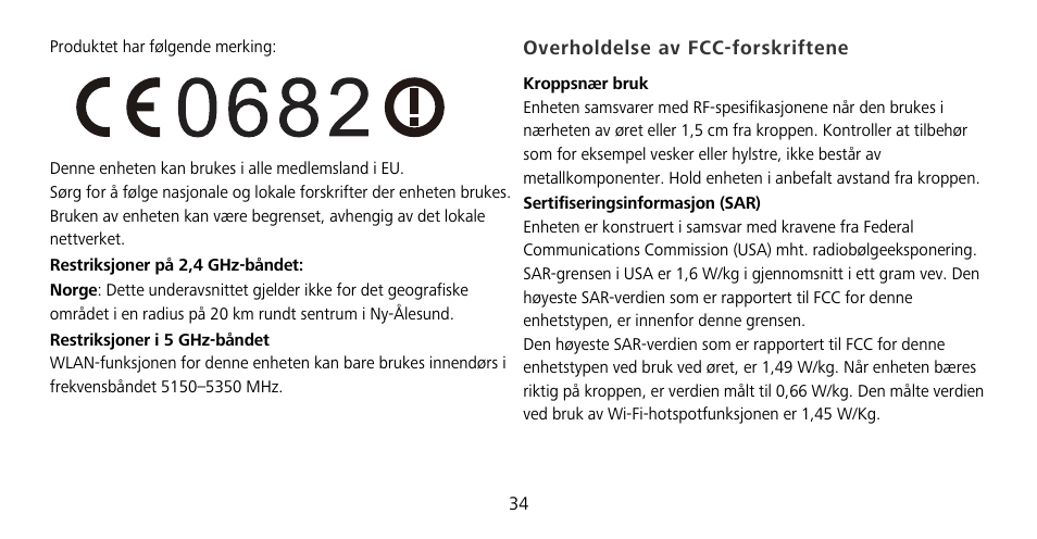 Overholdelse av fcc-forskriftene | Huawei Mate 9 Pro User Manual | Page 38 / 202