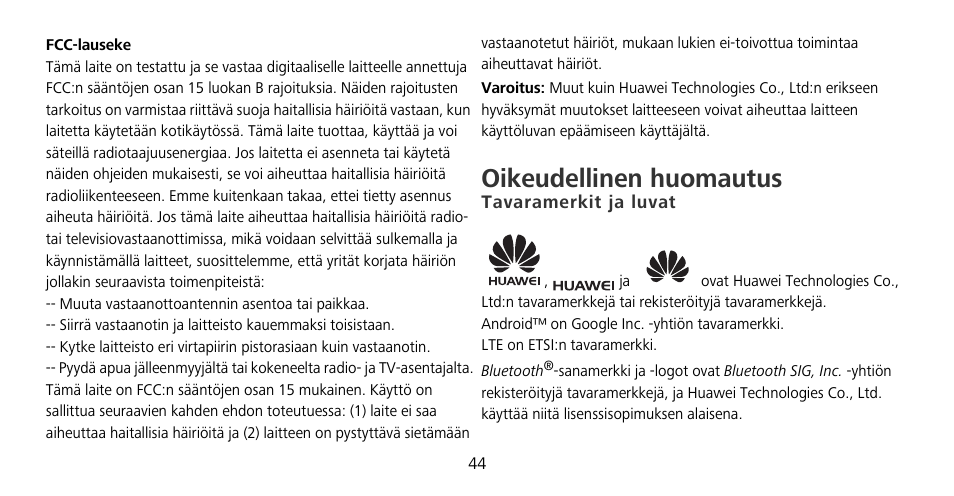 Oikeudellinen huomautus, Tavaramerkit ja luvat | Huawei Mate 9 Pro User Manual | Page 48 / 202