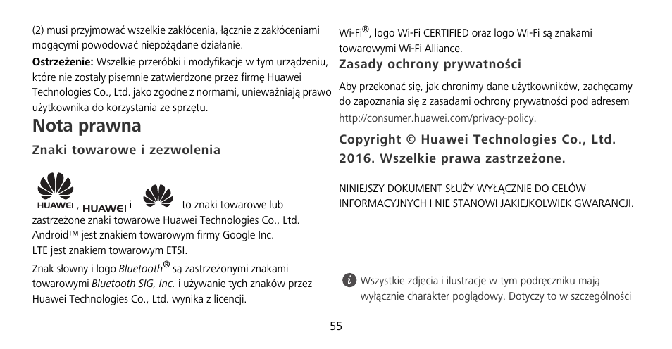 Nota prawna, Znaki towarowe i zezwolenia, Zasady ochrony prywatności | Huawei Mate 9 Pro User Manual | Page 59 / 202