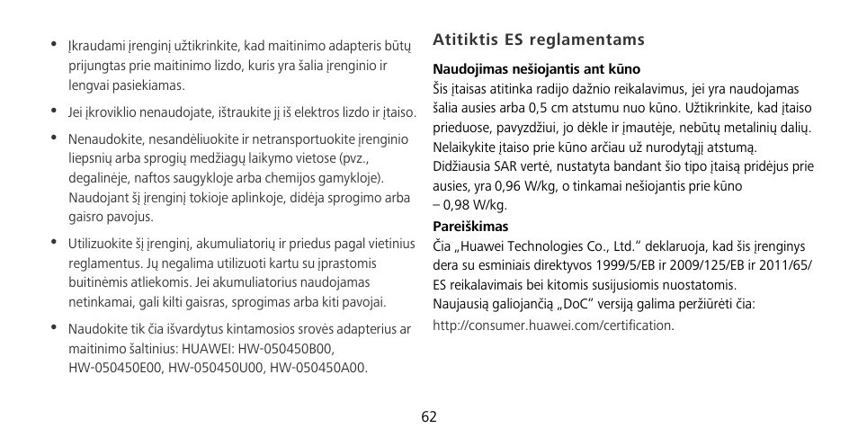 Atitiktis es reglamentams | Huawei Mate 9 Pro User Manual | Page 66 / 202