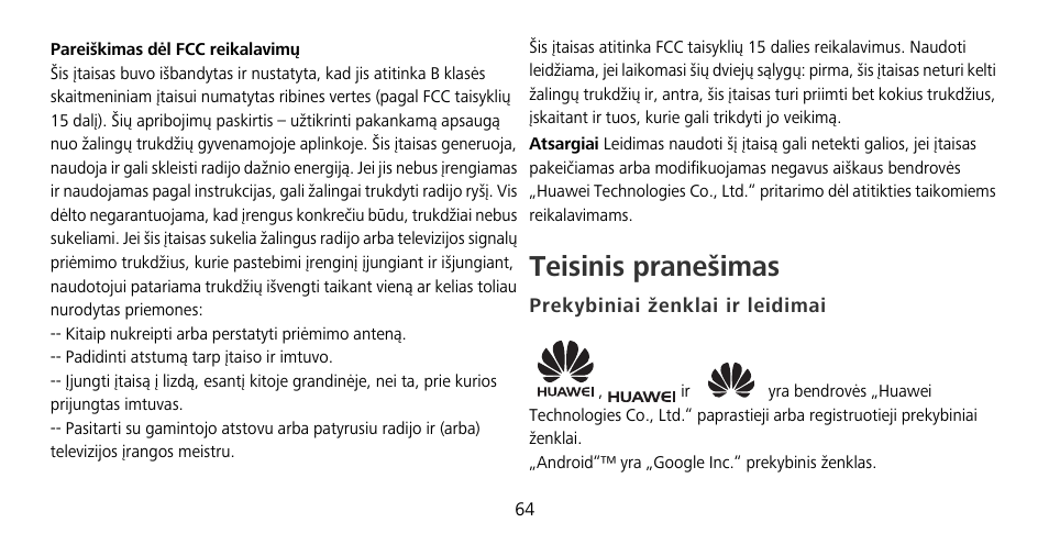 Teisinis pranešimas, Prekybiniai ženklai ir leidimai | Huawei Mate 9 Pro User Manual | Page 68 / 202