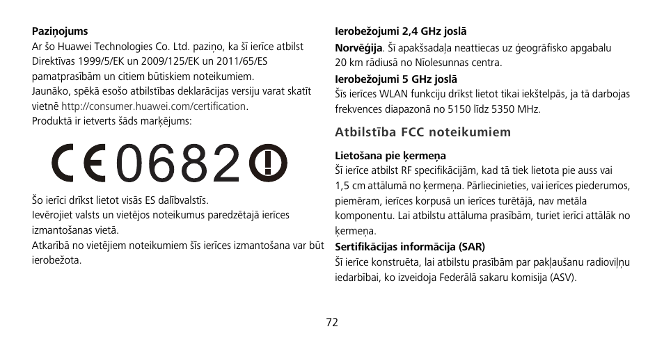 Atbilstība fcc noteikumiem | Huawei Mate 9 Pro User Manual | Page 76 / 202