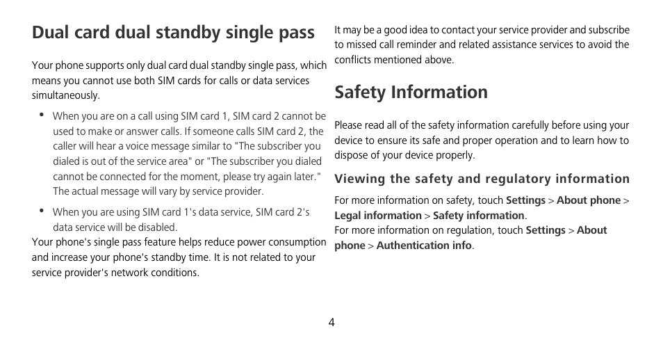 Dual card dual standby single pass, Safety information, Viewing the safety and regulatory information | Huawei Mate 9 Pro User Manual | Page 8 / 202