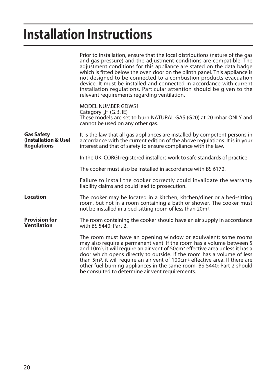 Installation instructions | Creda GDW51 User Manual | Page 20 / 28