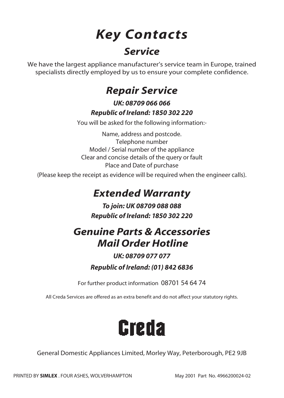 Key contacts, Service, Repair service | Extended warranty, Genuine parts & accessories mail order hotline | Creda GDW51 User Manual | Page 28 / 28