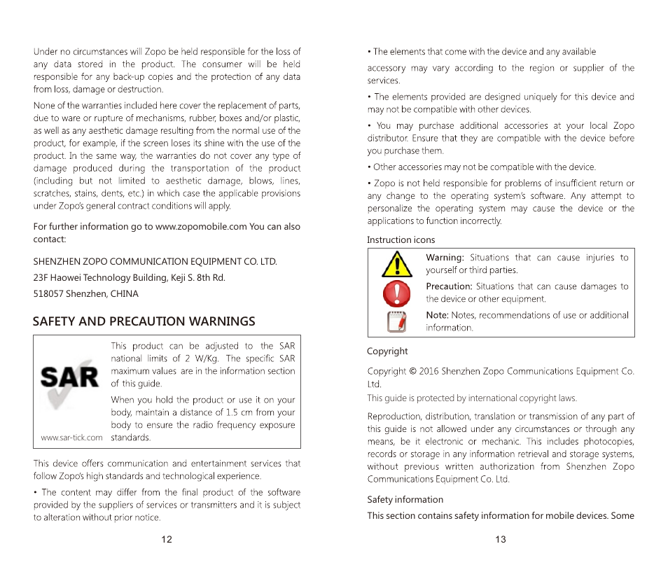 页 10, Safety and precaution warnings | Zopo Flash G5 Plus ZP781 User Manual | Page 10 / 34