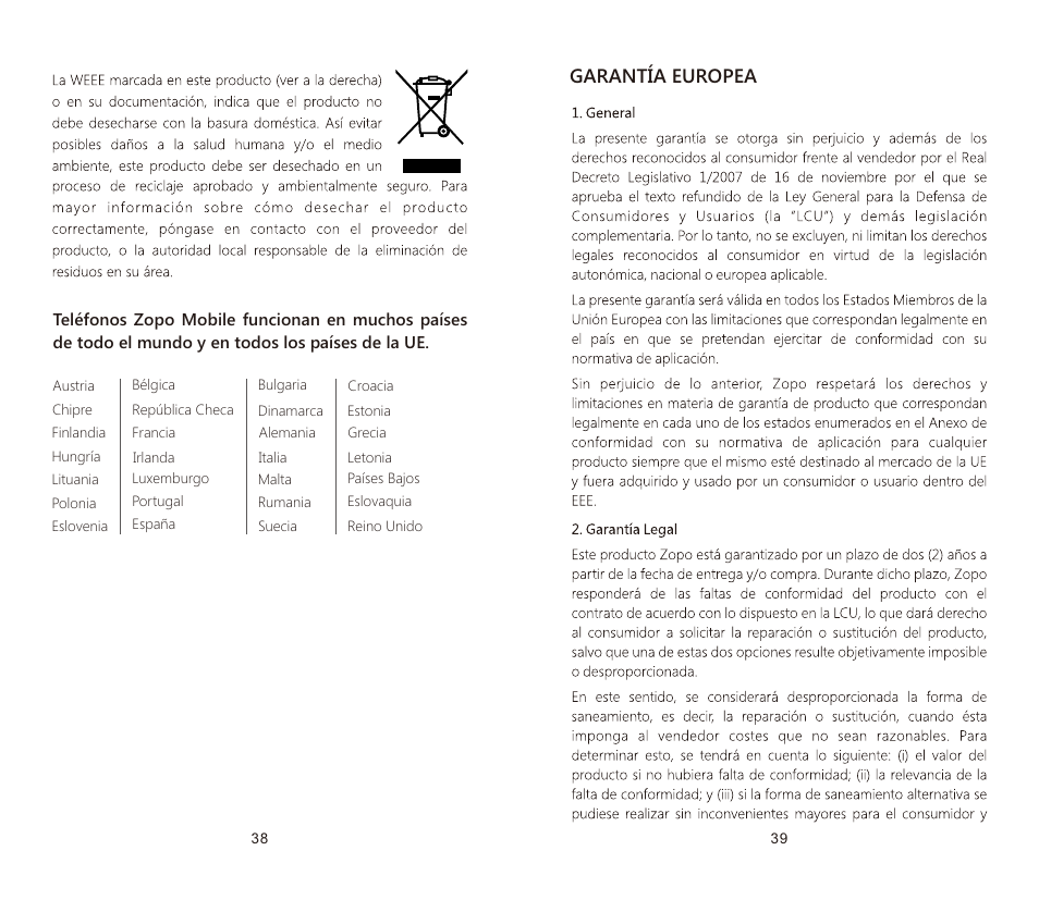 页 23, Garantía europea | Zopo Flash G5 Plus ZP781 User Manual | Page 23 / 34