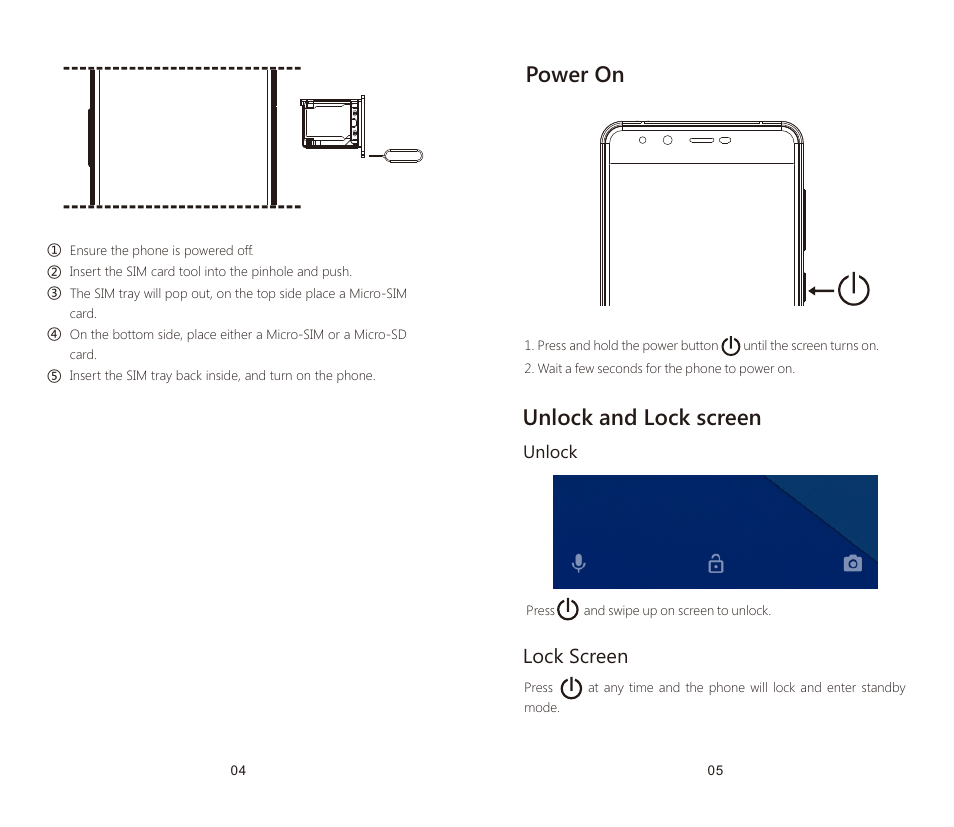 Power on, Unlock and lock screen, Lock screen | Zopo Flash G5 Plus ZP781 User Manual | Page 6 / 34