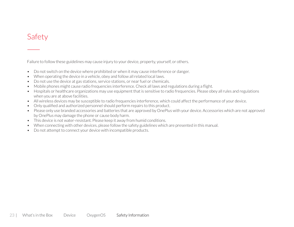 Safety | One plus 3T User Manual | Page 23 / 37