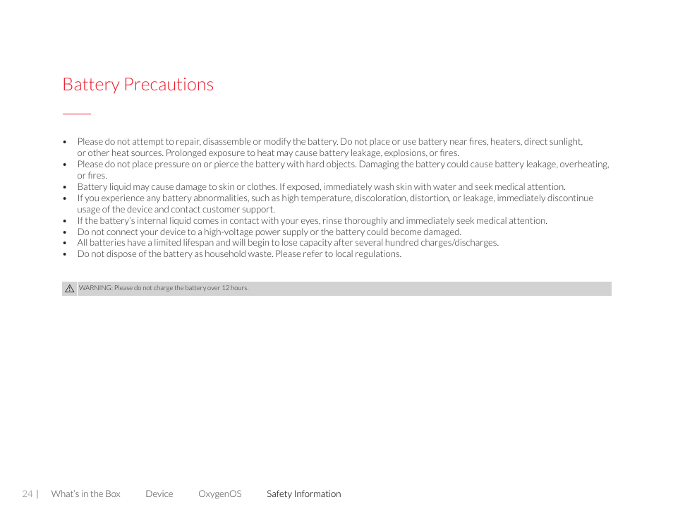 Battery precautions | One plus 3T User Manual | Page 24 / 37