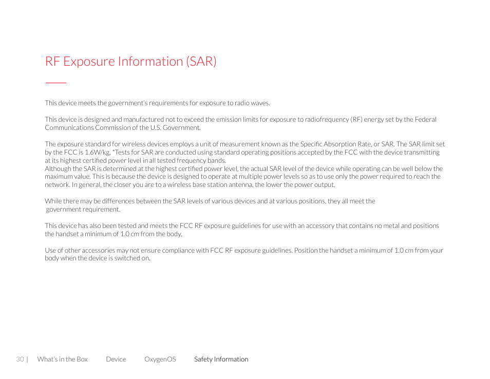 Rf exposure information (sar) | One plus 3T User Manual | Page 30 / 37