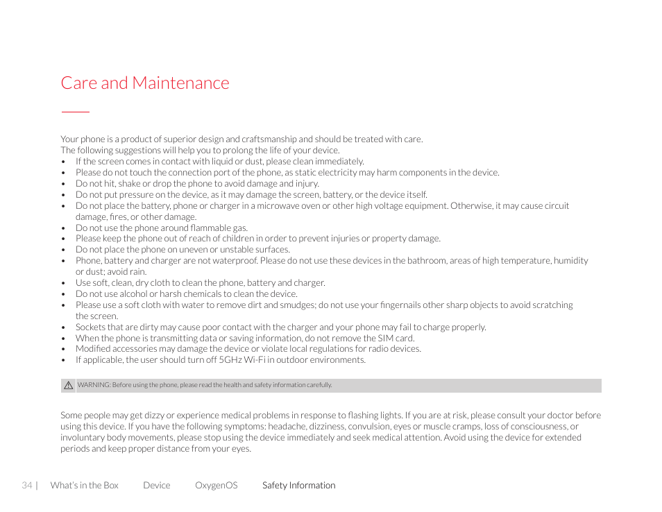 Care and maintenance | One plus 3T User Manual | Page 34 / 37