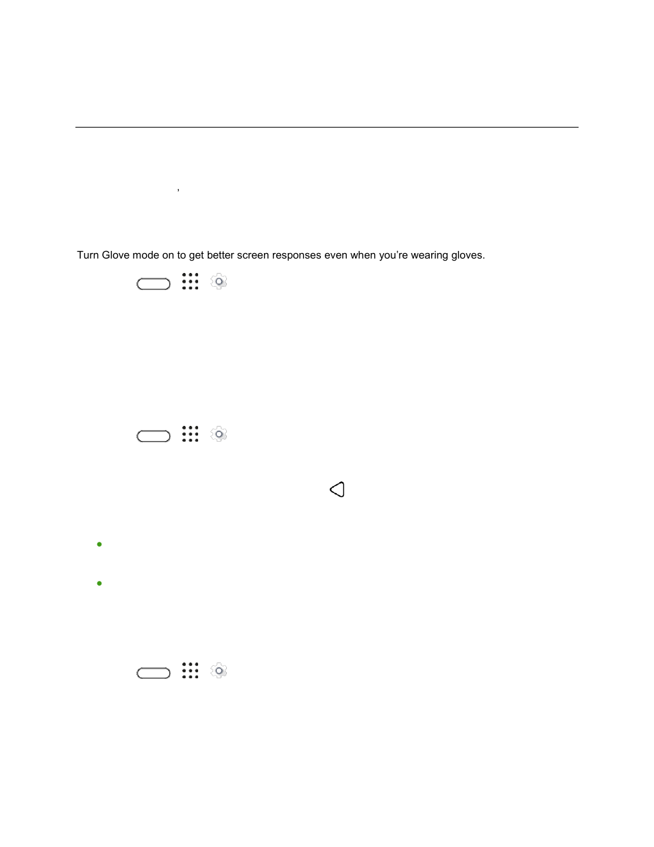 Device settings, Display, gestures & buttons settings, Glove mode | Auto-rotate screen, Font size, Display, gestures, Buttons settings | HTC 10 Sprint User Manual | Page 214 / 260
