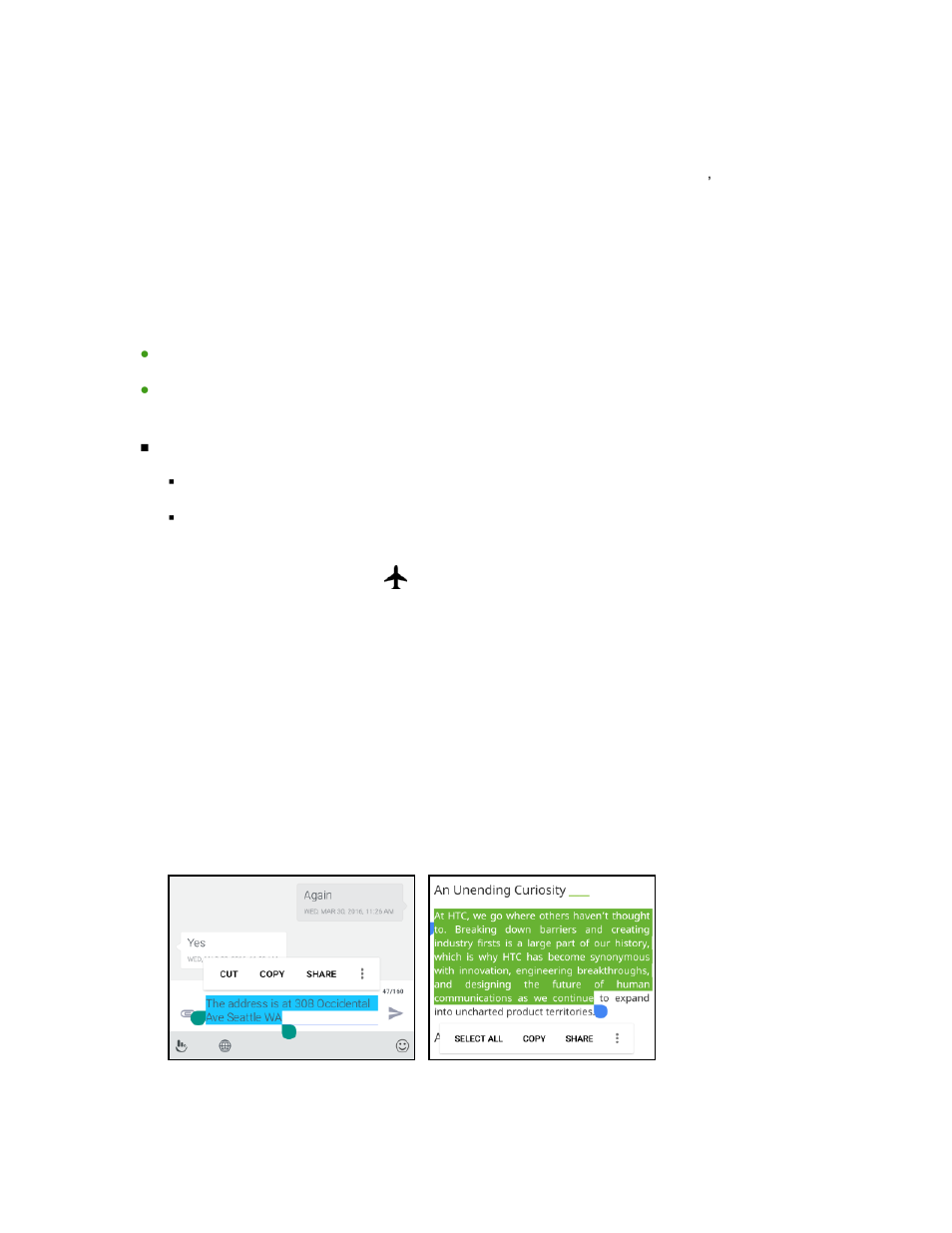 Airplane mode, Working with text, Edit text | HTC 10 Sprint User Manual | Page 48 / 260