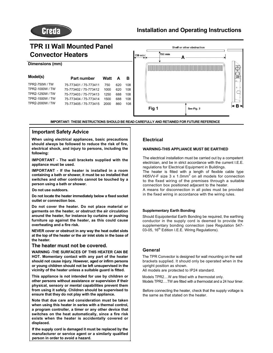 Creda TPR2-750W User Manual | 4 pages