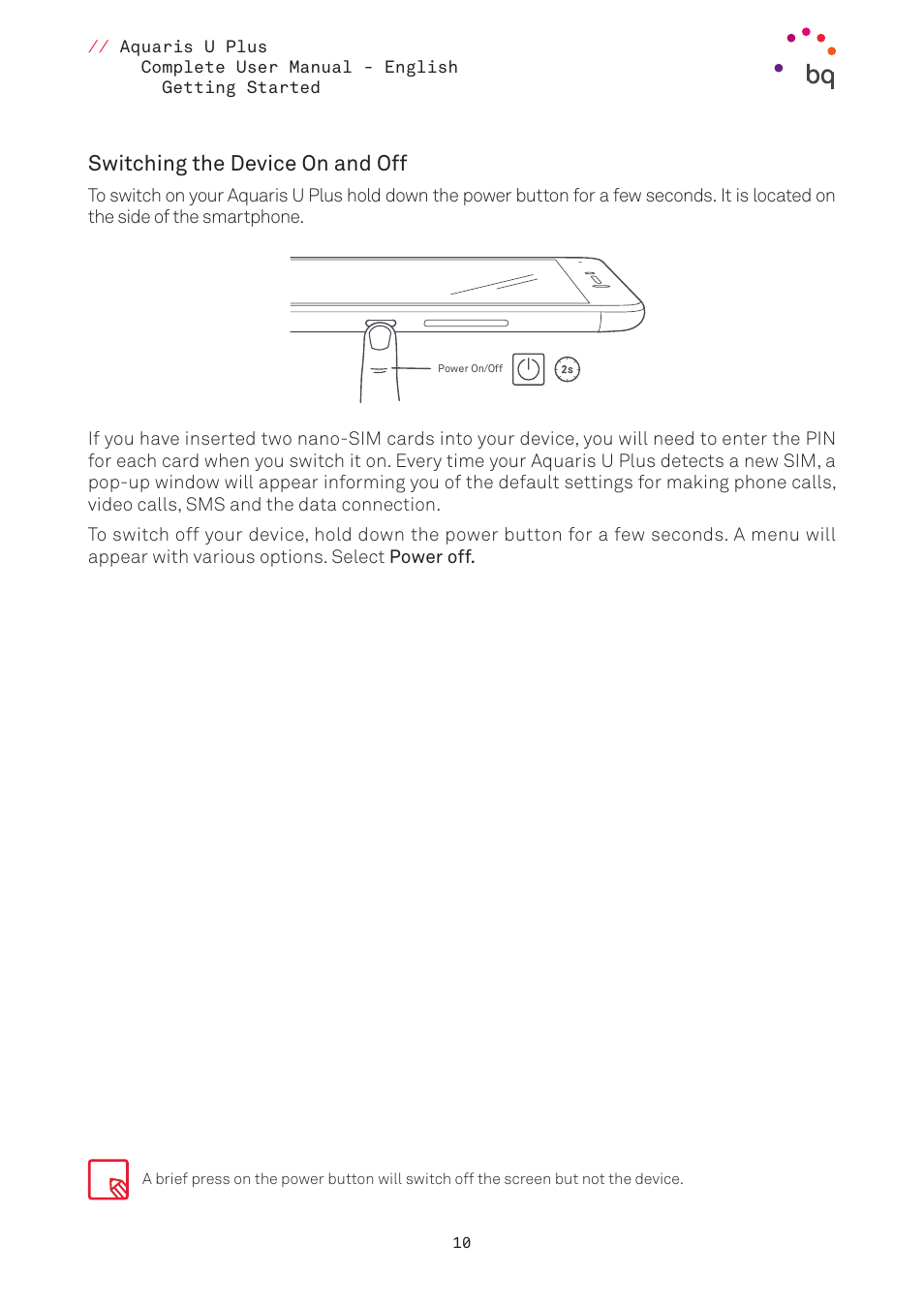 Switching the device on and off | BQ Aquaris U Plus User Manual | Page 10 / 87