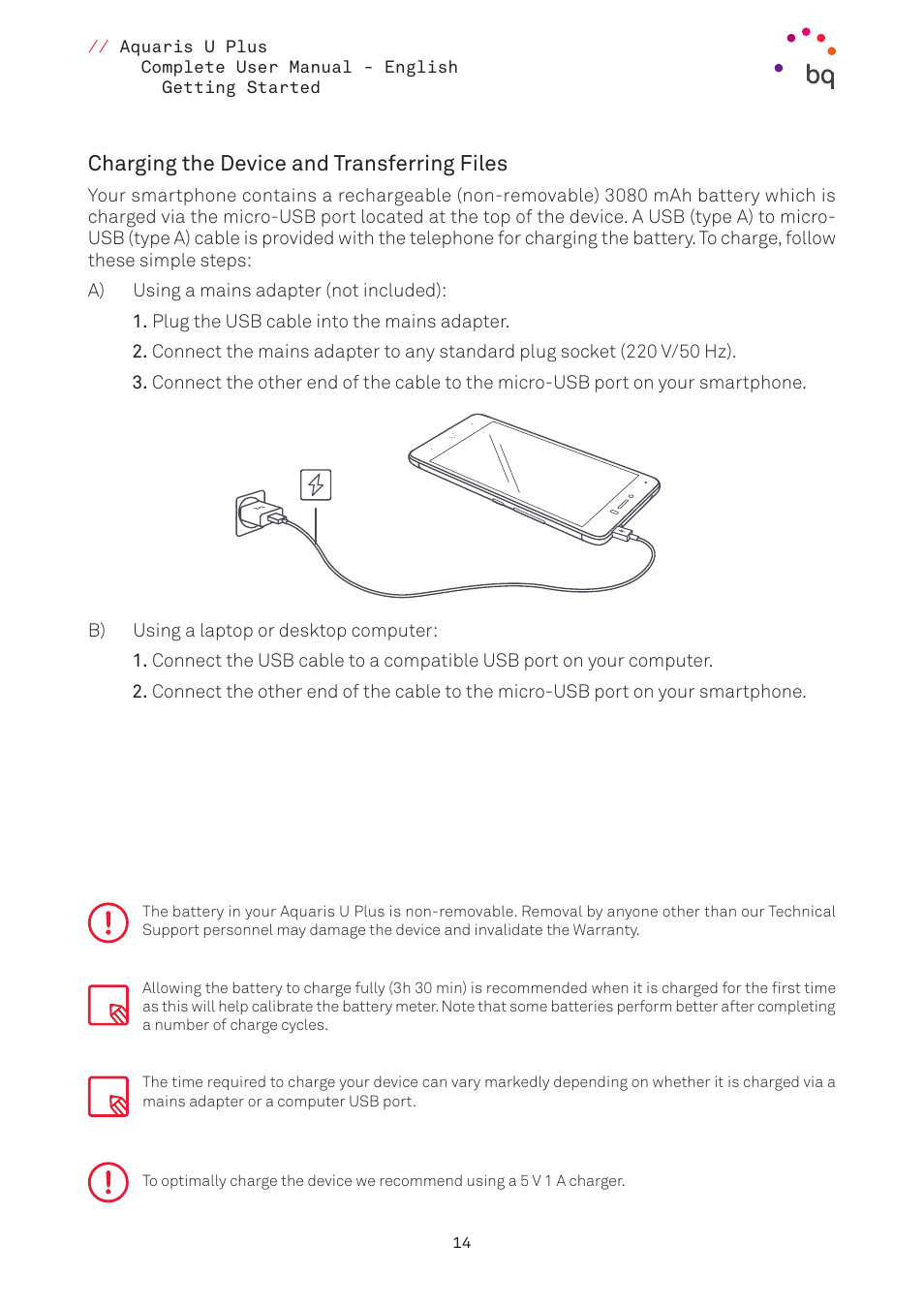 Charging the device and transferring files | BQ Aquaris U Plus User Manual | Page 14 / 87
