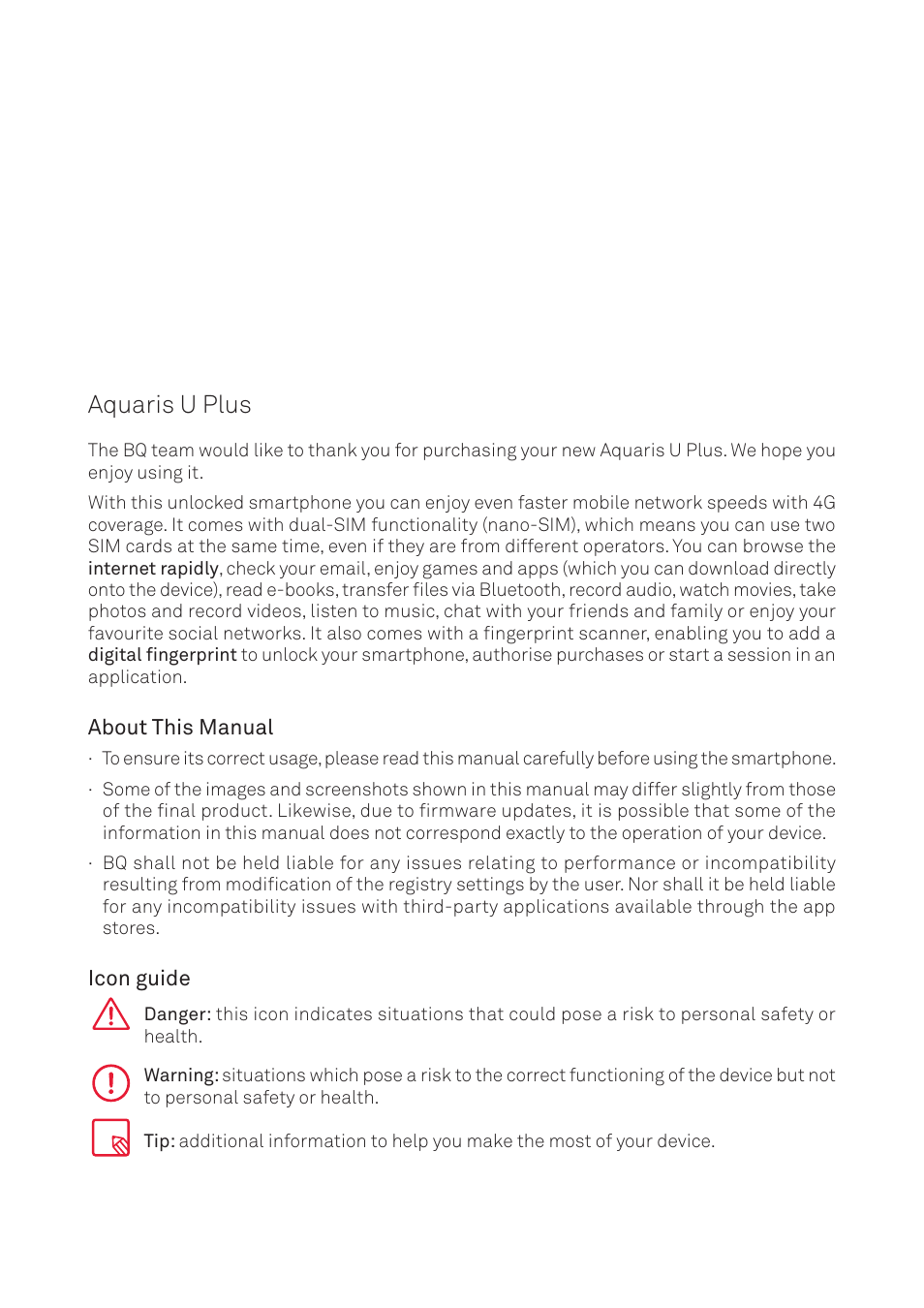 Aquaris u plus, About this manual, Icon guide | BQ Aquaris U Plus User Manual | Page 2 / 87