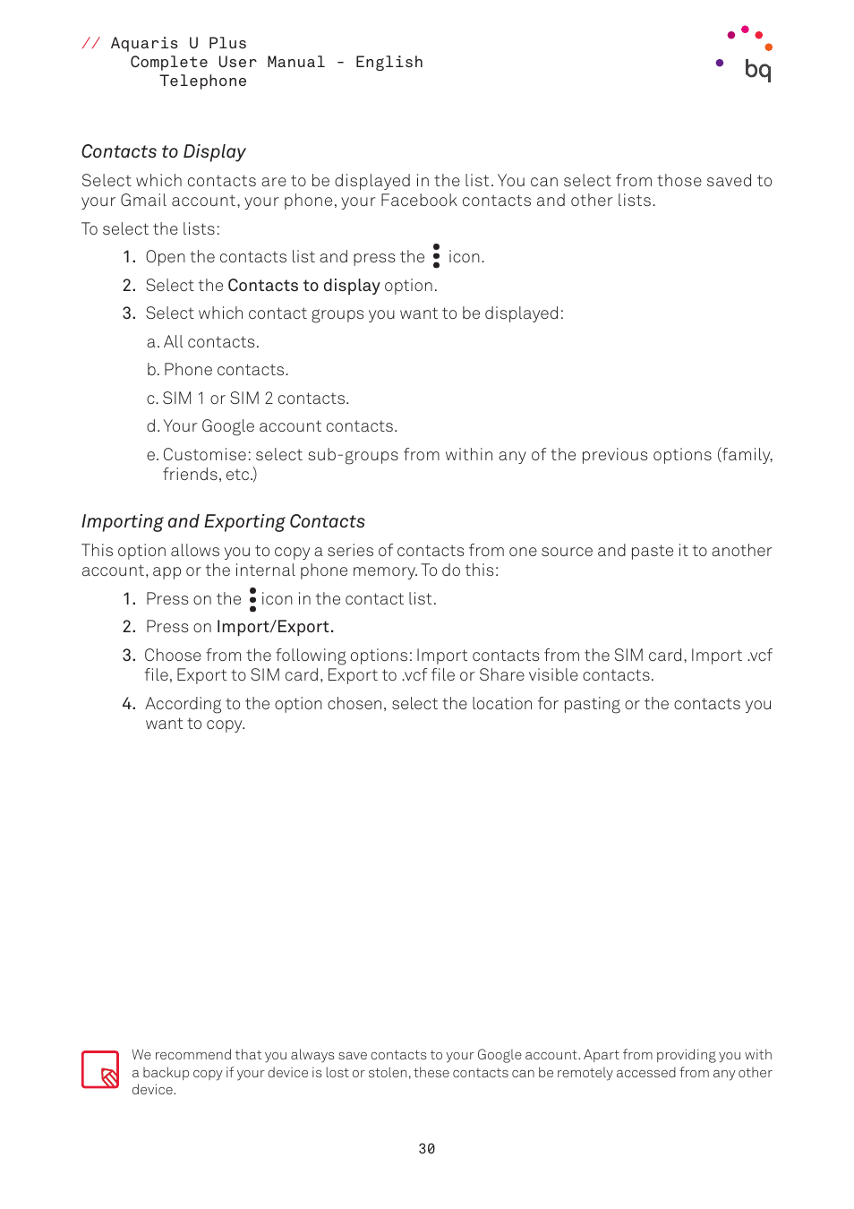 Contacts to display, Importing and exporting contacts | BQ Aquaris U Plus User Manual | Page 30 / 87