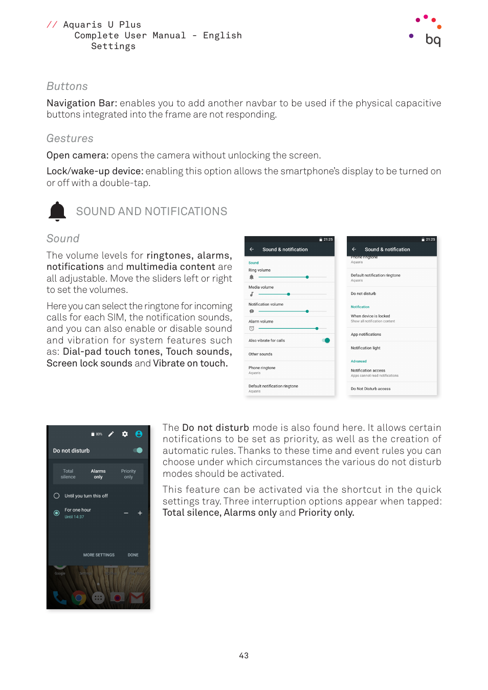Buttons, Gestures, Sound and notifications | Sound, Sounds and notifications | BQ Aquaris U Plus User Manual | Page 43 / 87