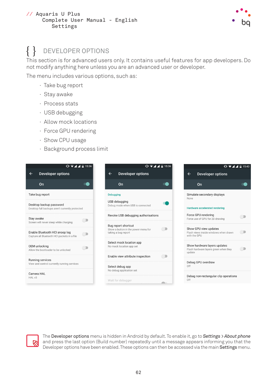 Developer options | BQ Aquaris U Plus User Manual | Page 62 / 87